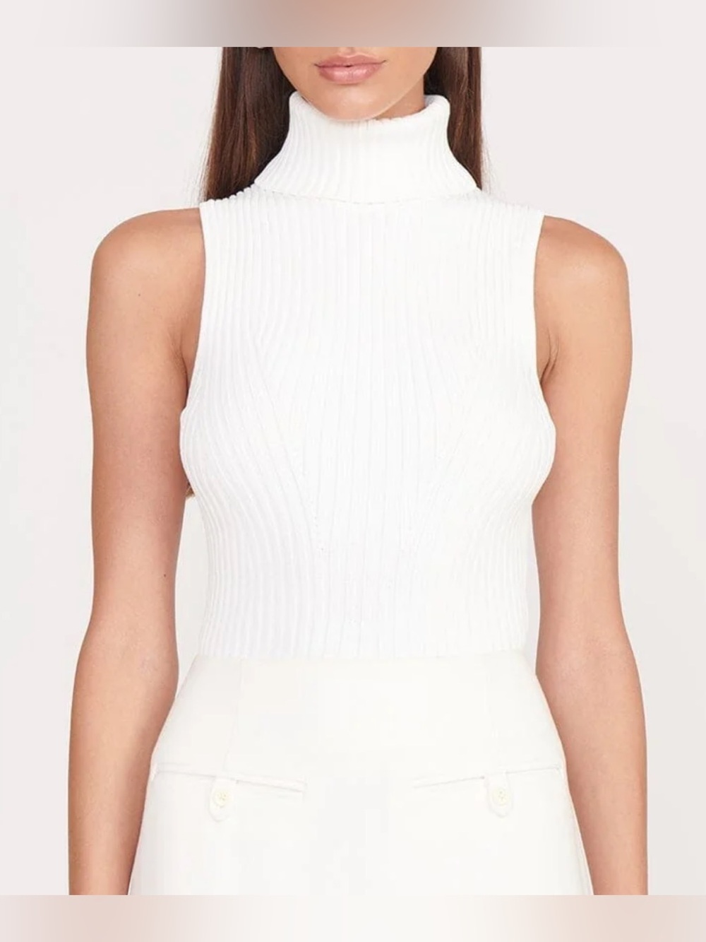 STAUD Callum Rib-Knit Sleeveless Turtleneck Top in White, Size Small